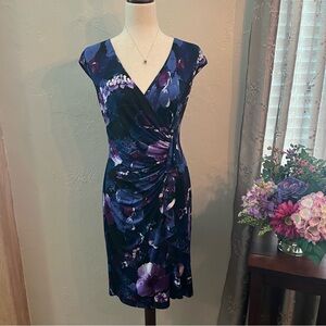 American Living Size 6 Purple Floral V-Neck Faux Wrap Dress with Ruffle
